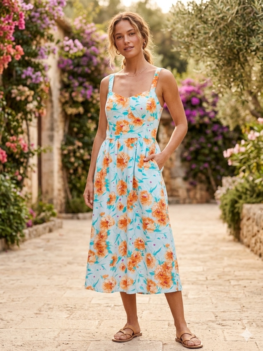 AUW Light Blue Floral Midi Dress with Orange Blooms